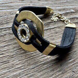 Beautiful Black Faux Leather Bracelet with Gold Ring Design